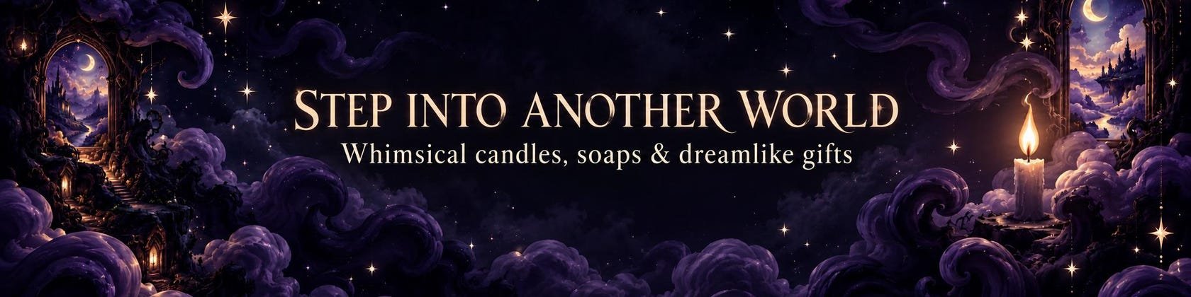 Step into another world: whimsical candles, soaps and dreamlike gifts. Gothic arched windows, moonlit castles, violet clouds and a lit candle.